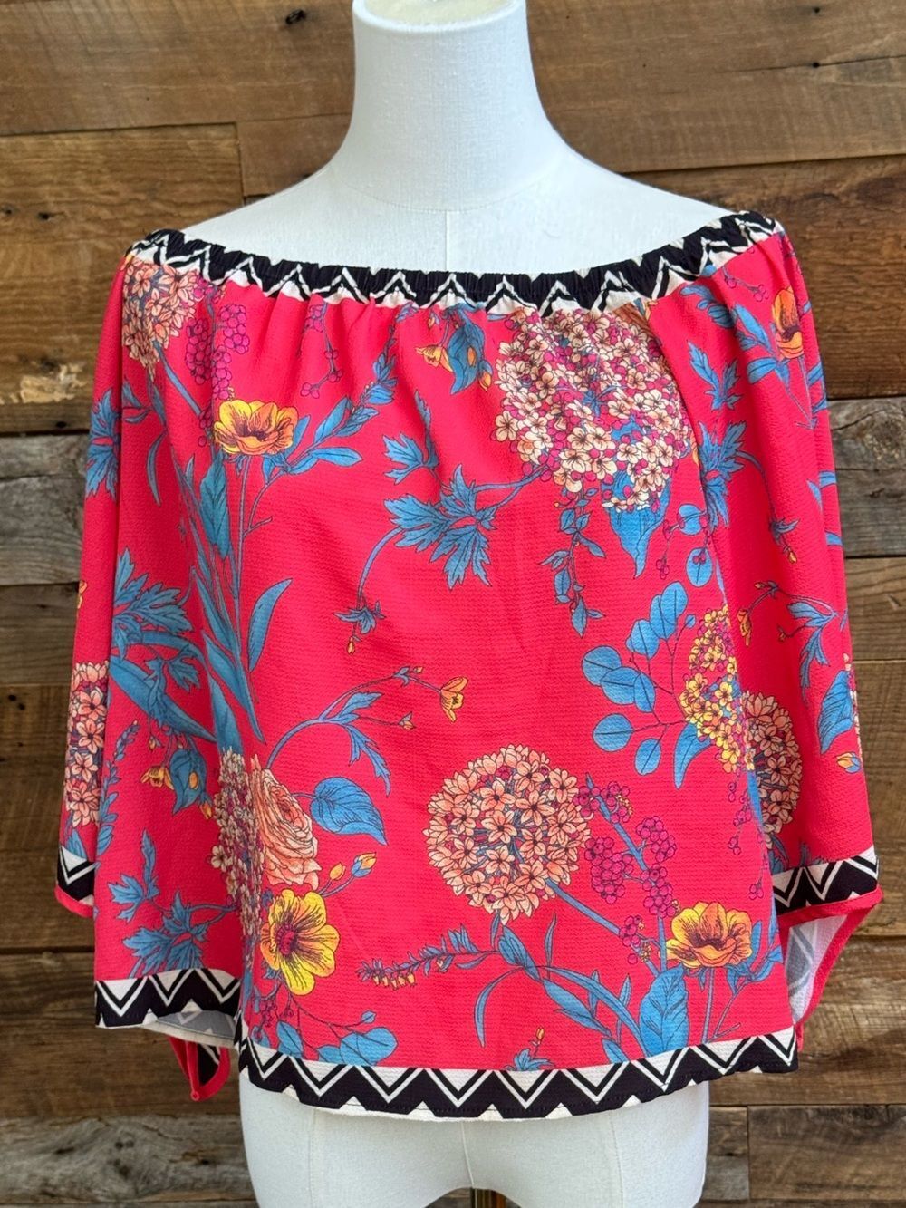 Flying Tomato Coral Pink Floral Chevron Trim Off the Shoulder Blouse Top Medium